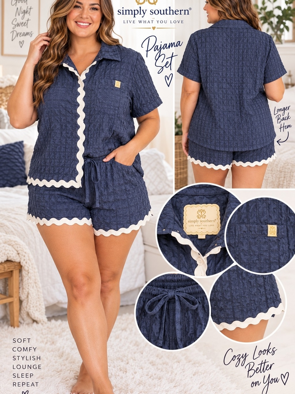 Simply Southern 2-Pc Navy Pajama Set Shorts Button Front Wavy Trim L NWT